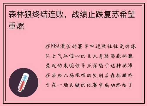 森林狼终结连败，战绩止跌复苏希望重燃